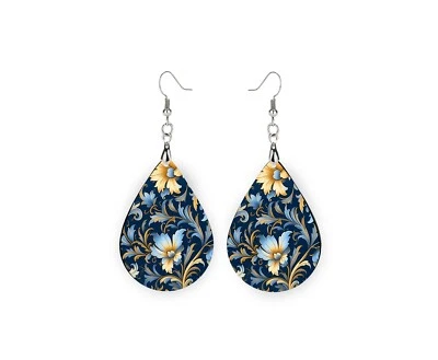 Blue and Yellow Floral on Navy Print Wood Dangle Teardrop Print Earrings Jewelry - Image 1 of 4