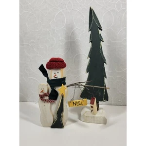 VINTAGE Wood Snow Man & Tree 16" Christmas Holiday Winter Rustic Handmade Décor - Picture 1 of 12