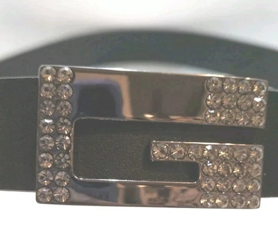 Cinturón Guess CUERO GENUINO Plateado Negro Mujer Estrás Talla Mediana Y2K 38"    Foto 1 de 4