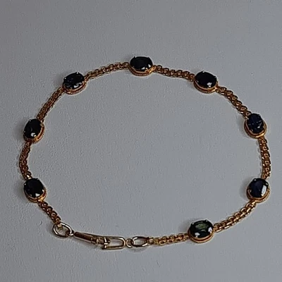 Vtg Tennis Bracelet - Tested 14K Gold w/ Blue Stones - Sapphire? Pat EZ Clasp - Image 1 of 4