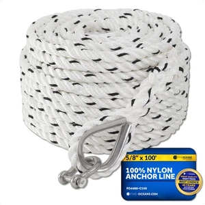 Anchor Line 5/8 inch x 100 ft - Rope Line 3-Strand White Thimble & Shackle - Picture 1 of 8
