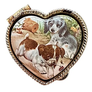 Vintage silver plated porcelain pill box 1 1/4x 1 1/4” dogs cover heart shaped - Picture 1 of 5