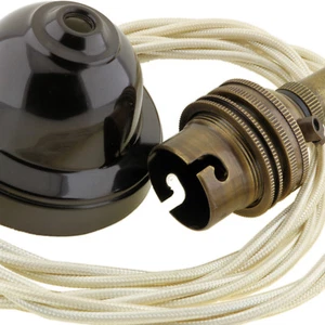 Brown Bakelite Ceiling Pendant Kit & Antiqued B22 Bulb Holder with 1M Ivory Flex - Picture 1 of 6