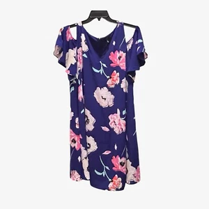 Kaari Blue Curvy Dress Plus Size 2X Blue Pink Cold Shoulder Lined Flowy - Picture 1 of 10