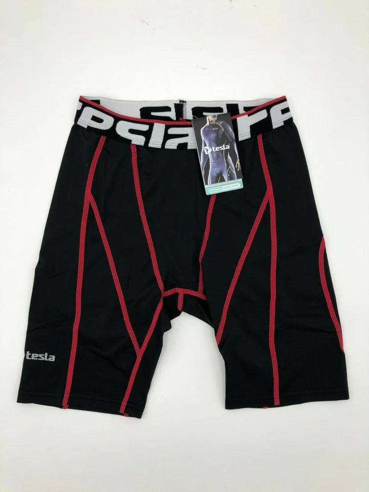 TSLA Tesla MUS17 Cool Dry Baselayer Compression Shorts - Red/Black White Letters - Image 1 of 1