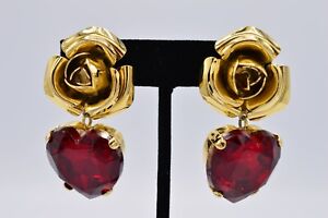Zoe Coste Vintage Earring Clip Gold Rose Red Crystal Heart Dangle Signed BinW