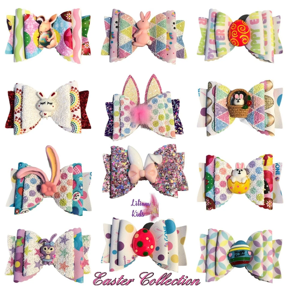 Hair Bows Clips Grips Easter Bunny Rabbit Ears Eggs Premium Hair Bows 3.5" - Image 1 of 4