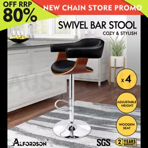 ALFORDSON 4x Bar Stools Joan Kitchen Swivel Chair Wooden Leather Gas Lift - Picture 1 of 12