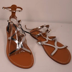 NUEVO ZARA - Sandalias planas de cuero con tiras - Plateadas metálicas - Para mujer talla 7,5 EE. UU. - Imagen 1 de 11