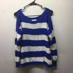 JUSTICE SWEATER SIZE 20 COLD SHOULDER STRIPE BLUE WHITE - Picture 1 of 4