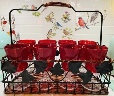 Vtg, Eight Cherry Red Crystal Glasses Short Goblets 5.3/4” Tall Include Basket - Image 1 of 4