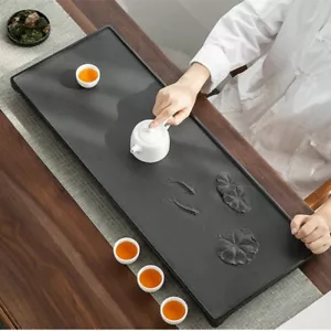 Heavy Stone Tea Tray Lotus Fish Carved Invisible Water Draining Hole Handmade - Picture 1 of 19