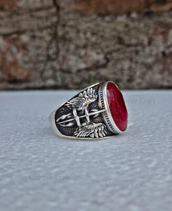 Saint Michael The Archangel Oval Ruby Cut Gemstone 925 Starling silver Mans Ring - Picture 1 of 14