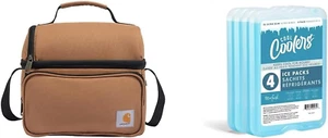 Insulated Lunch Cooler Box Bag Dual Compartment Brown Freezer Ice Pack 4-PC Set - Picture 1 of 12