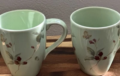 222 Fifth Butterfly Blossom Green Floral Ceramic Mug Cup Set of 2 Shabby Cottage - Image 1 of 4
