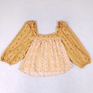 C&C California Women's Boho Peasant Blouse Size L Linen Blend Yellow Floral To - Picture 1 of 8