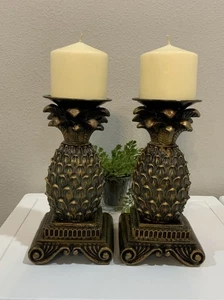 Vtg Ornate Resin Gold Bronze Pineapple Swirl Pedestal Pillar Candle Holder Set - Picture 1 of 6