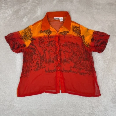 复古漂亮粉红色纽扣衬衫女式 L 橙色二手动物印花夏季 — 第 1/4 张图片