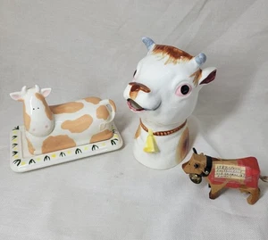 Country Cow Lot, Creamer, Butter Dish (Signed) & Hand Carved Cow From Switzerlan - Picture 1 of 24