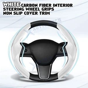 2x White Carbon Fiber Flocking Non Slip Steering Wheel Cover for Tesla Model 3/Y - Picture 1 of 11