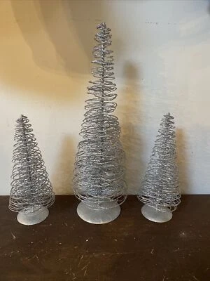 Crate and Barrel Wire Christmas 3 Trees Silver Glitter Spiral Holiday Decor SET - Image 1 of 4
