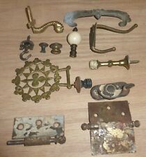 Flat of Old Hardware Items, Finial, Hinges, Hooks, Etc. See Photos.