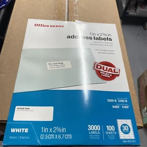 Etiquetas de dirección láser/inyección de tinta Office Depot, 1" x 2 5/8", blancas, caja de 3000 s8 - Imagen 1 de 4