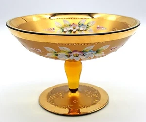 Plato de compota dorado bohemio de colección pedestal de vidrio cuenco esmalte 3D flores 4" T - Imagen 1 de 11