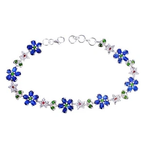 Natural Kyanite Gemstone Chrome Diopside Floral Bracelet Sterling Silver Jewelry - Picture 1 of 4
