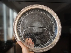 Large 13.5" Cut Crystal Divided Sweet Meet Dish with Sterling Silver rim Wallace - Picture 1 of 8