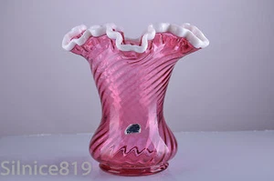 Vintage Fenton Art Glass Cranberry Snow Crest Swirl Ruffled Vase - Picture 1 of 5