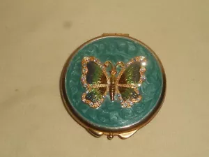 Specchio Doppio Vintage Compatto Strass Farfalla Smalto Metallizzato Macchia Oro - Foto 1 di 20