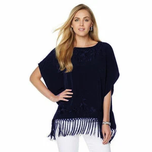 DIANE GILMAN Size M/L Embroidered Fringe Poncho INDIGO - Foto 1 di 3