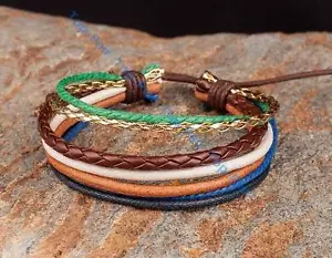Mens Leather and Hemp Braided Surfer Wristband Bracelet Cuff Lots Color For Lady - Picture 1 of 10