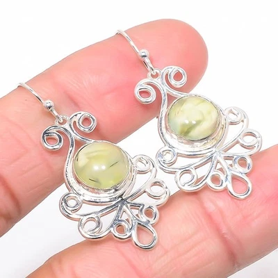 African Prehnite Handmade Silver Wire Handmade Jewelry Earring 1.65" T97 - Image 1 of 3