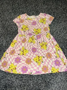 Girls Pokemon Pikachu Checkered Floral Dress 4/5 XS Short Sleeve - Picture 1 of 6