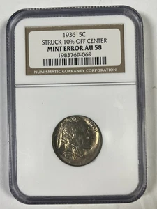 1936 Buffalo Nickel Struck 10% Off Center True Mint Error NGC AU 58 RARE ERROR - Picture 1 of 4