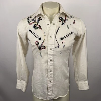 Camisa masculina vintage anos 60 anos 70 Sears Pearl Snap bordada ocidental jugo rockabilly média - Imagem 1 de 4