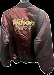 NIKON Vintage Birdie Black Satin Bomber Jacket Embroidered Large Unisex - Picture 1 of 12
