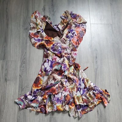 Anthropologie Dress XS Petite Wrap Brown Floral Ruffle Fairy Whimsy Y2K Romantic - Image 1 of 4