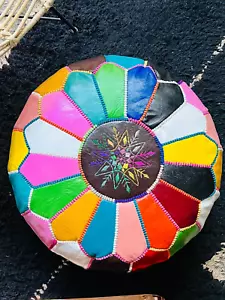 Pouf Marocain avec Motifs Multicolors, Pouf en Cuir - Picture 1 of 6