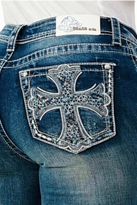 Grace in LA Women's Cross Embroidered Embellished Pocket Bootcut Stretch Jeans - Picture 1 of 3