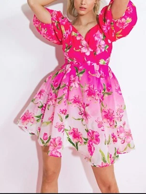 Vestido Mini Floral de Tomate Volador Talla Pequeña Manga Puff Rosa Ombre Foto 1 de 4