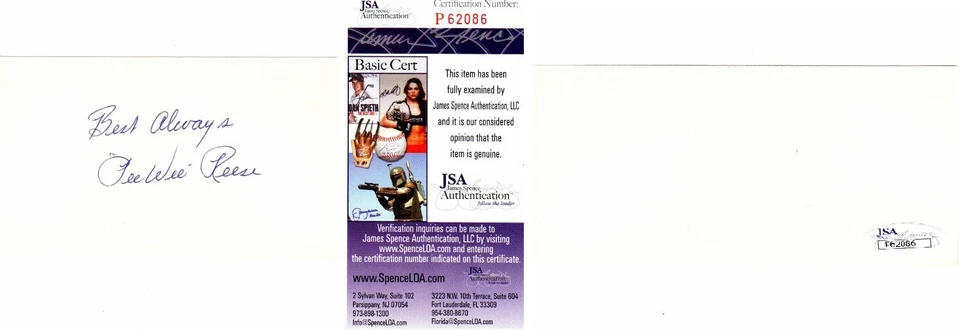 Pee Wee Reese Signed - Autographed 3x5 inch Index Card Dodgers Died 1999 JSA COA - Image 1 of 1