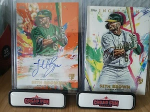 Topps Inception 2020 Seth Brown Orange Rookie RC automático/50 Atletics + tarjeta base - Imagen 1 de 2