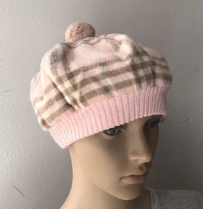 burberry women winter beanie hats with pom nova check merino wool cashmere pink - Picture 1 of 12