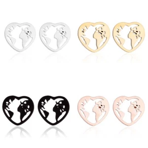 Edelstahl Damen Ohrringe Ohrstecker Erde Herz Welt Globus Weltkarte Gold Silber - Bild 1 von 1