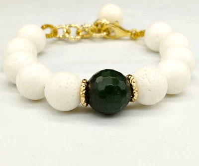 bracciale da donna agata bianca e agata verde a sfere argento 925 catena dorata - Immagine 1 di 4