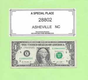 POSTLEITZAHL '28802' .. ASHVILLE, NC. ... 2013 $ 1 E 28802 000 E .... 28802 - Bild 1 von 1
