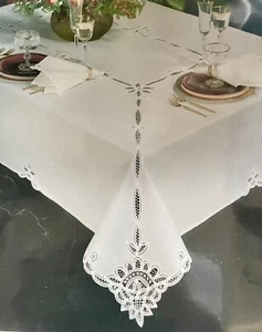 Mantel y 8 servilletas de encaje Battenburg 66” x 84” 100 % algodón blanco nuevo vintage - Imagen 1 de 3